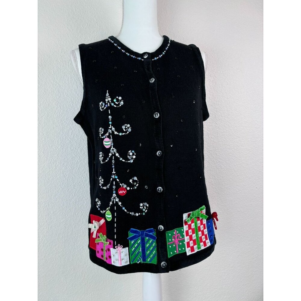 Tiara International Vintage christmas sweater‎ vest women's medium presents tree